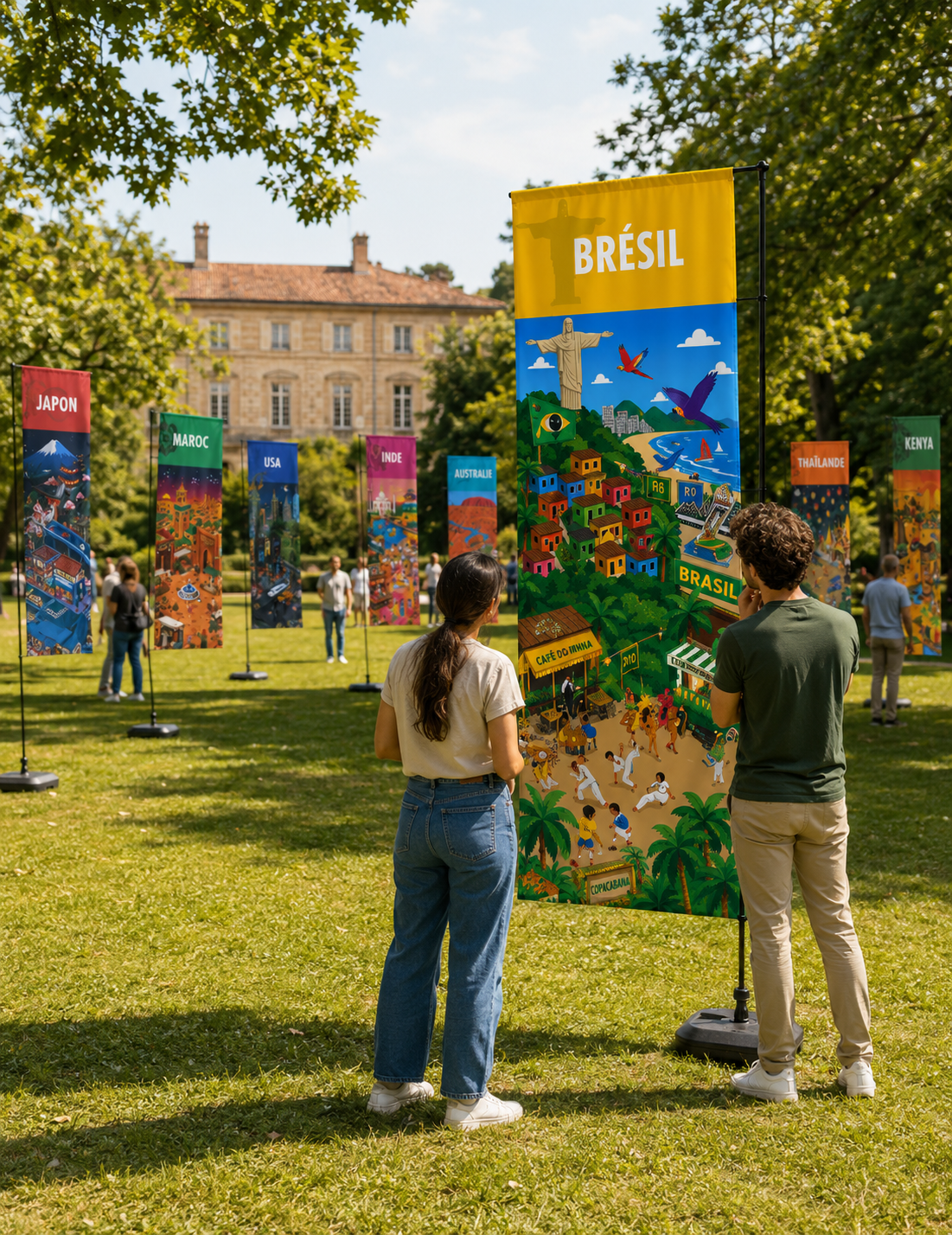 Animation Tour du Monde Divertiss'Mans – visiteurs devant bannière Brésil en extérieur